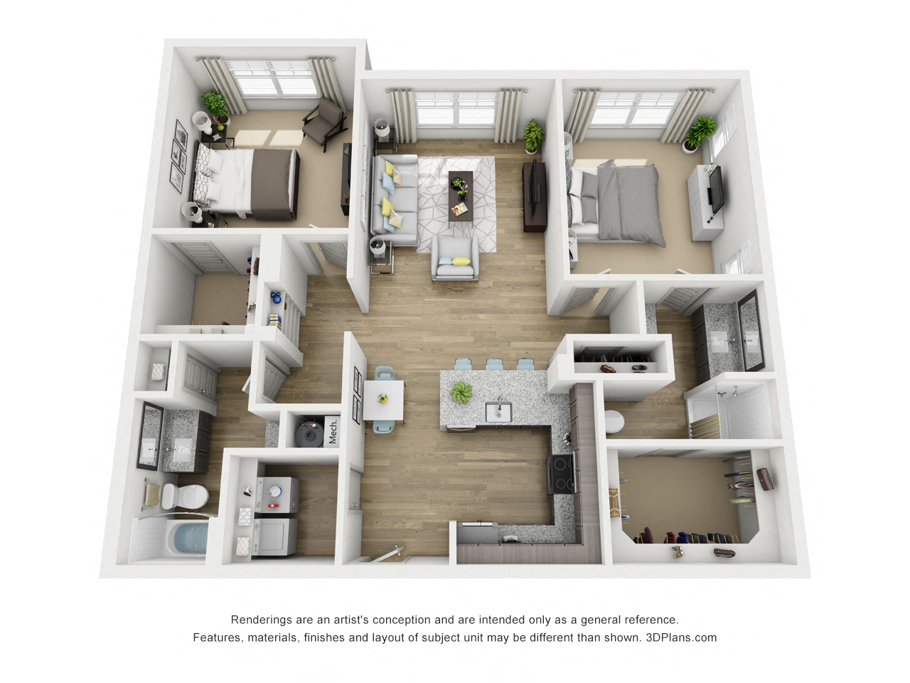 Floor plan for 2 beds, 2 baths, 1215 sqft